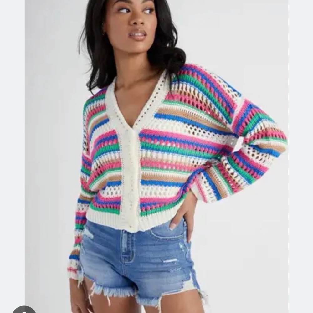 Vigoss Striped Open-Knit V-Neck Cardigan - Cream Pink Blue Green